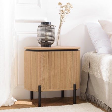 Brown bedside table with 1 door in retro style with black metal legs | Second Life
