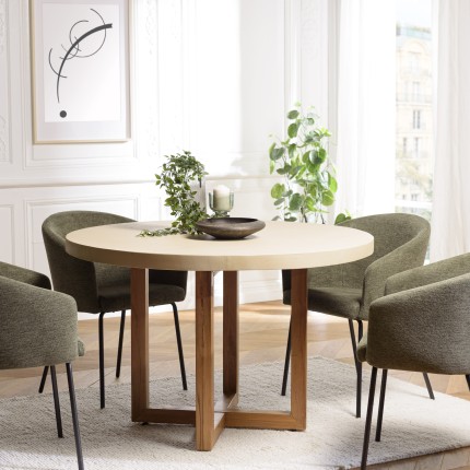 Round dining table, 120x120cm, beige concrete with crossed teak legs - Second-hand