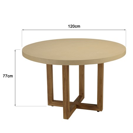 Round dining table, 120x120cm, beige concrete with crossed teak legs - Second-hand