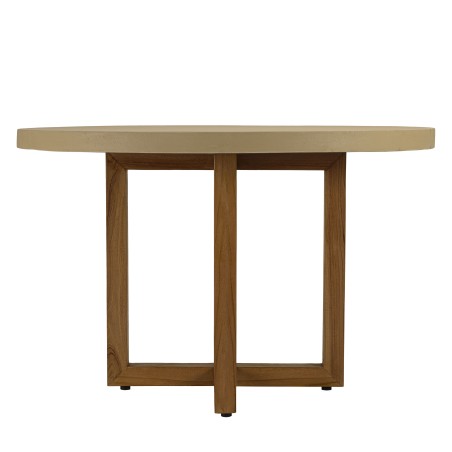 Table à manger ronde 120x120cm béton beige pieds croisés en teck - Seconde Main