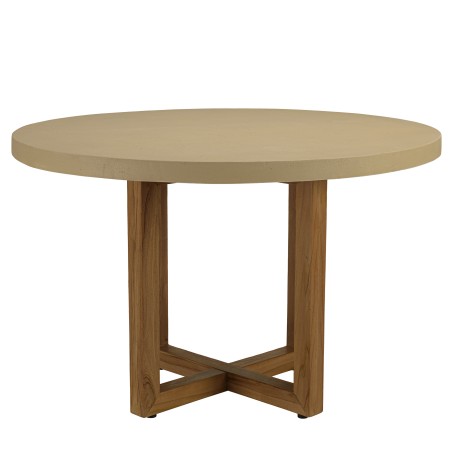 Table à manger ronde 120x120cm béton beige pieds croisés en teck - Seconde Main