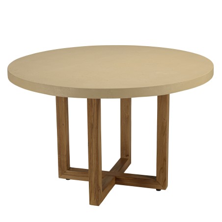 Round dining table, 120x120cm, beige concrete with crossed teak legs - Second-hand