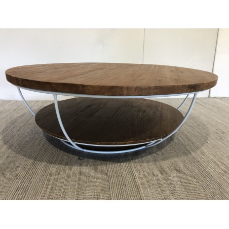 Table basse double plateau 100x100cm teck recyclé métal blanc | SECONDE MAIN