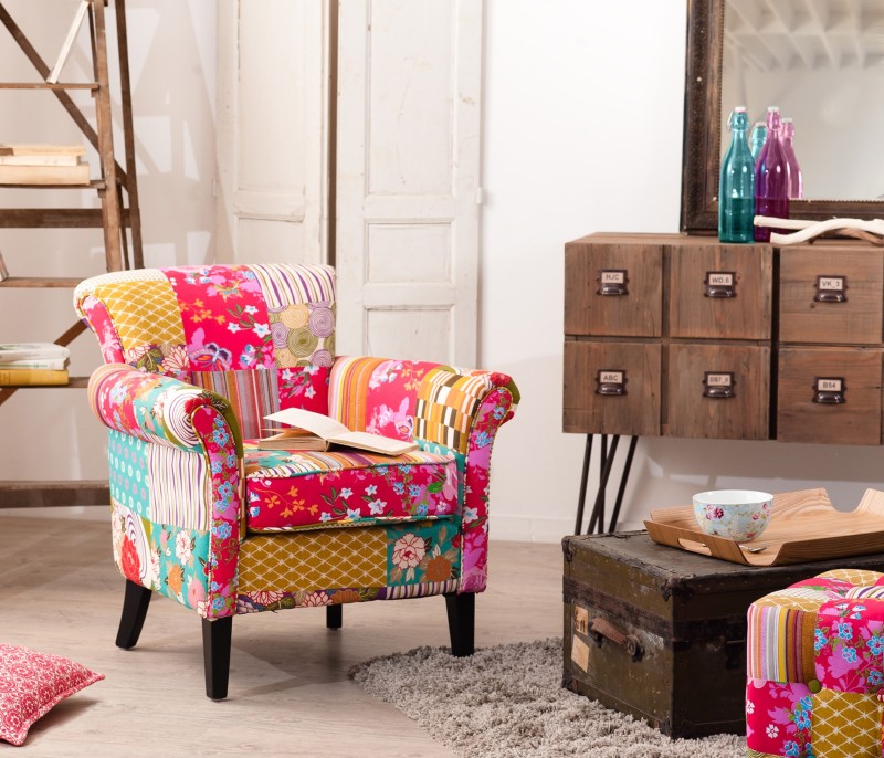 KATE - ALIÉNOR Armchair Multicolored Bohemian Fabric Black Wood Legs