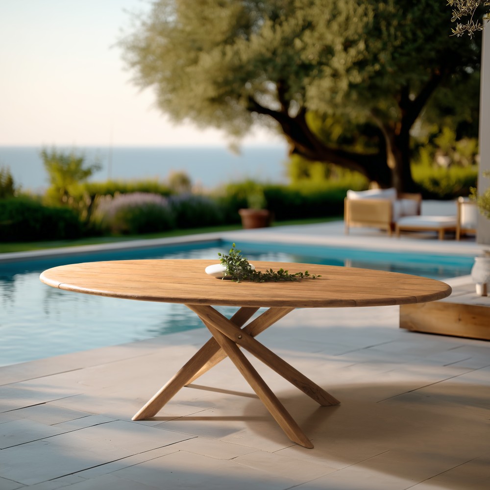 Oval garden table, 240 x 120 cm, made from recycled teak