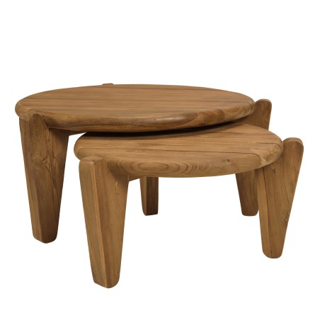 Set of 2 round garden coffee tables made from recycled teak