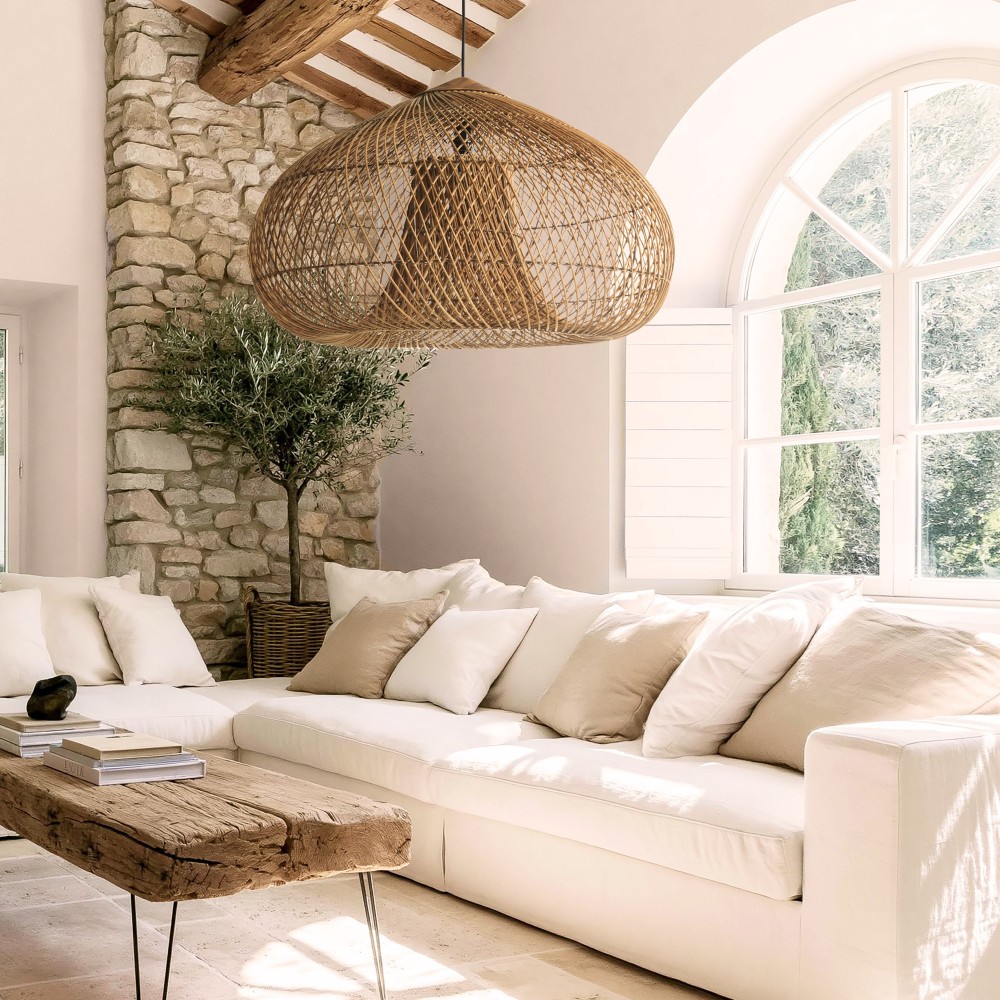 Suspension 80x80cm en rotin couleur naturelle et bois de teck recyclé | Macabane