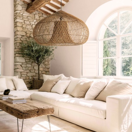 Suspension 80x80cm en rotin couleur naturelle et bois de teck recyclé | Macabane