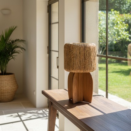 SIXTINE - 30x30cm lamp in natural-coloured rattan and recycled teak