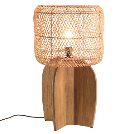 Lampe 38x38cm en rotin couleur naturelle et bois de teck recyclé | Macabane