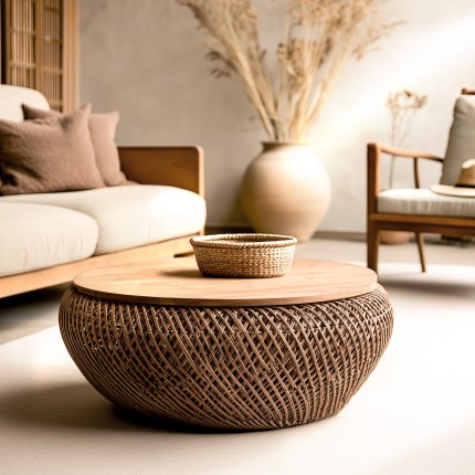 SIXTINE - Coffee table in brown rattan and recycled teak, D80cm