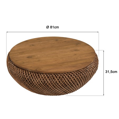 SIXTINE - Coffee table in brown rattan and recycled teak, D80cm