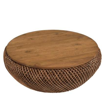 Table basse en rotin couleur marron et bois de teck recyclé D80cm | Macabane