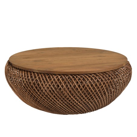 SIXTINE - Coffee table in brown rattan and recycled teak, D80cm