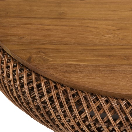 SIXTINE - Coffee table in brown rattan and recycled teak, D80cm