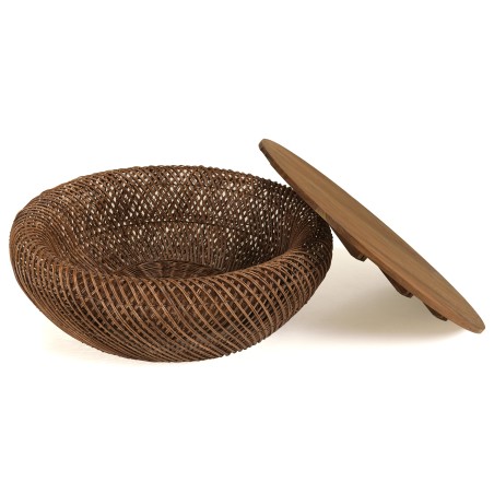 Salontafel van bruin rotan en gerecycled teakhout D80cm | Macabane