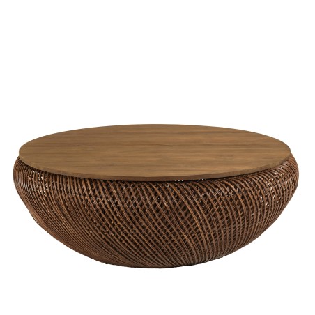 SIXTINE - Brown rattan and recycled teak coffee table, diameter 100cm