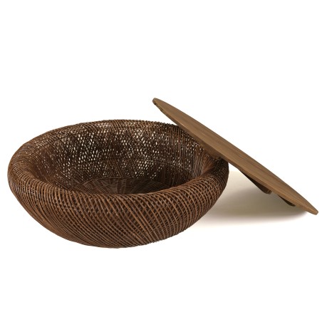 SIXTINE - Brown rattan and recycled teak coffee table, diameter 100cm