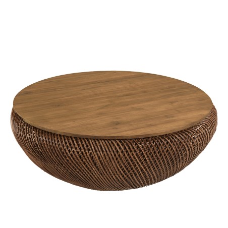 SIXTINE - Brown rattan and recycled teak coffee table, diameter 100cm