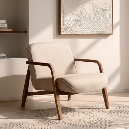 Sillón de tejido beige y madera de teca reciclada | Macabane