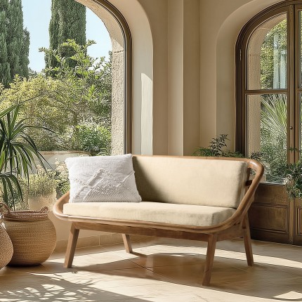 Canapé 2 places coussins beige en bois et rotin | Collection Amy