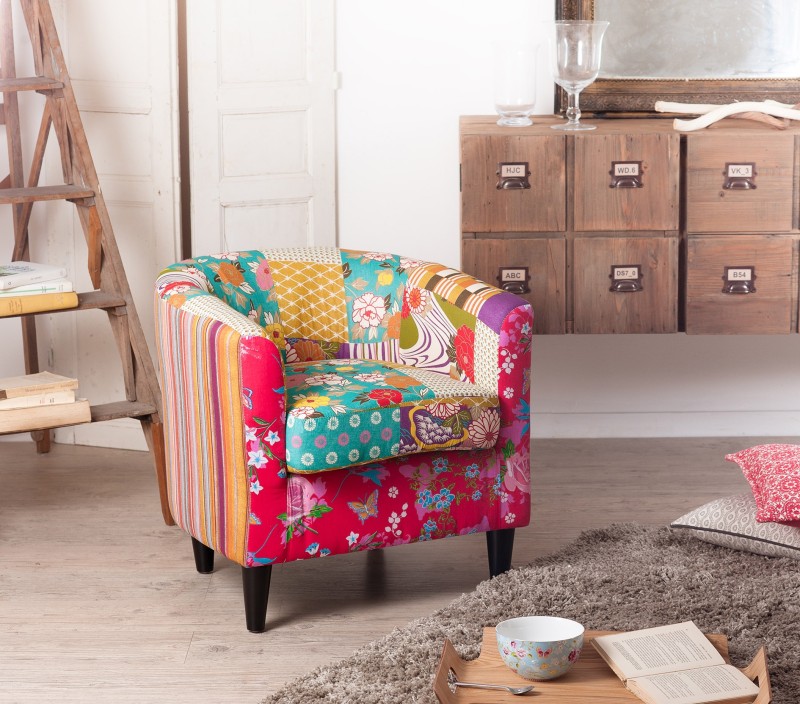 KATE Armchair 63x63cm Bohemian Fabric Multicolor Black Wood Legs