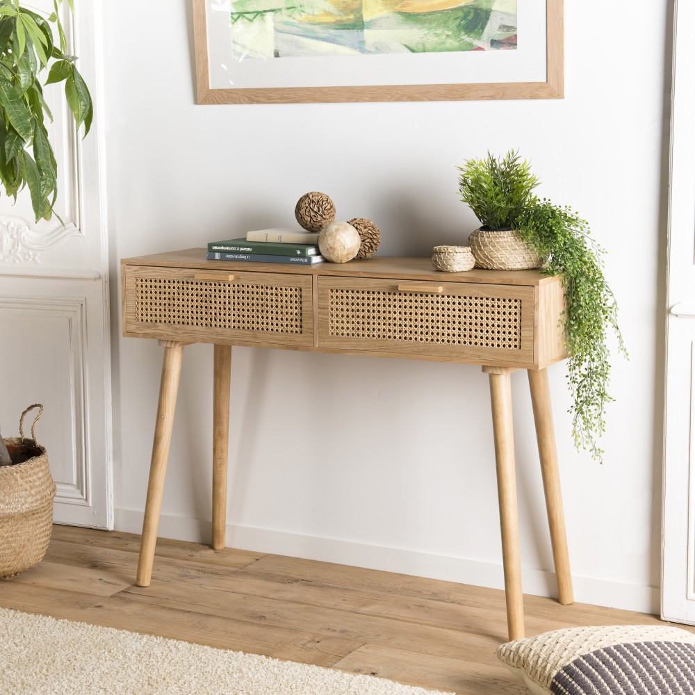 SECONDE MAIN - Console couleur naturelle 2 tiroirs bois cannage