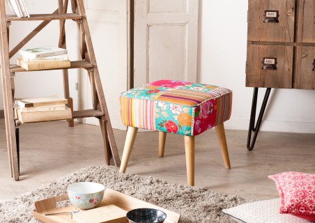 KATE - Square Scandinavian Stool 42x41cm Multicolored Bohemian Fabric