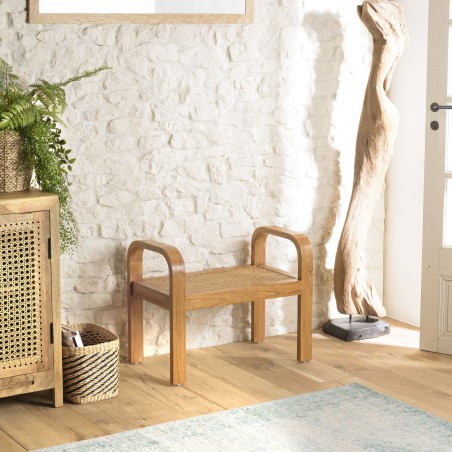 Mindi wood and natural rattan stool - Seconde Vie