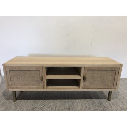 Meuble TV bois 2 niches 2 portes toile de jute pieds doré | Seconde Main