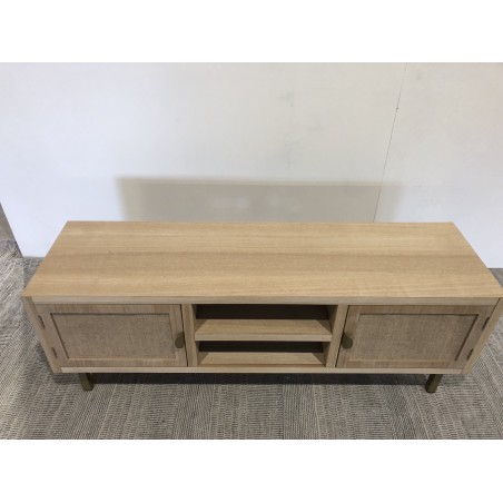 Meuble TV bois 2 niches 2 portes toile de jute pieds doré | Seconde Main