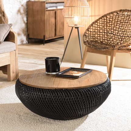 Table basse ronde en rotin noir 80x80cm | Seconde Vie