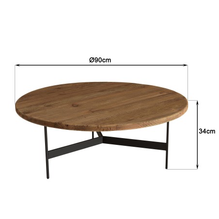Table basse ronde 90x90cm bois Pin recyclé et pieds métal noir | Seconde Vie