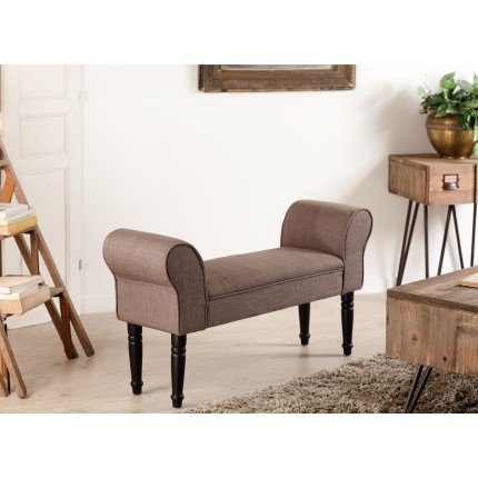 Banc de lit KATE - Tissu taupe - Pieds bois noir
