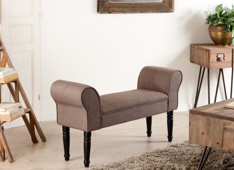Banc de lit KATE - Tissu taupe - Pieds bois noir