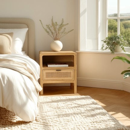 AMY - Bedside table with 1 drawer and 1 shelf, in mindi wood and natural rattan