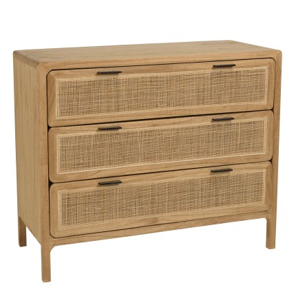 AMY - 100 cm chest of drawers with 3 drawers, made from mindi wood and natural rattan