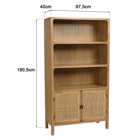 Bücherregal 2 Türen 3 Böden H180cm aus Mindiholz und Rattan | Macabane