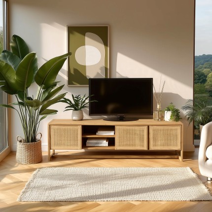 Meuble TV 3 portes 2 niches L180cm en bois de mindi et rotin naturel | Amy