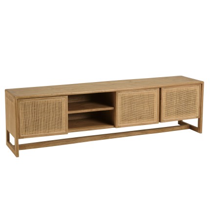 Meuble TV 3 portes 2 niches L180cm en bois de mindi et rotin naturel | Amy