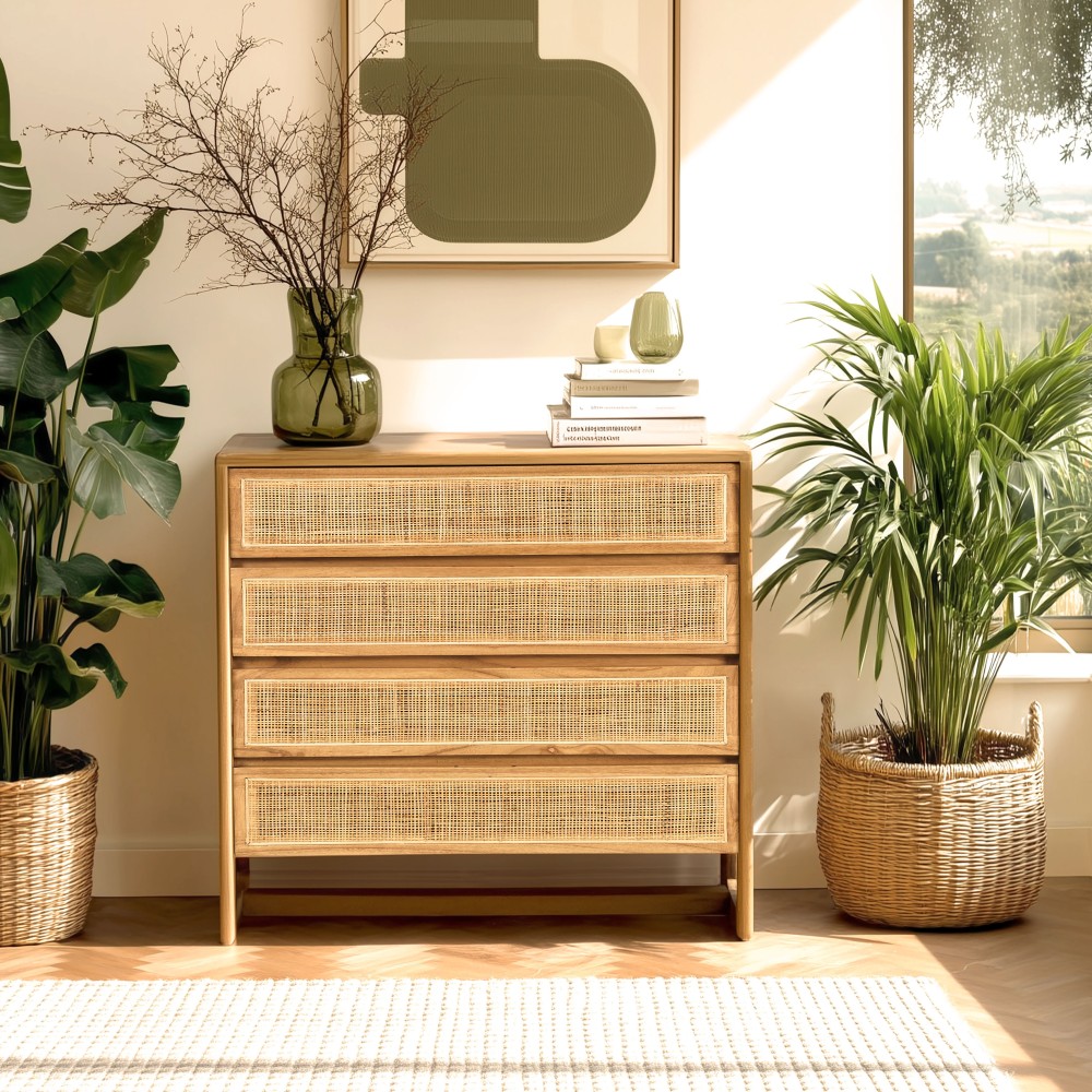Cassettiera 4 cassetti 90cm in legno di mindi e rattan naturale