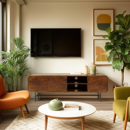 Meuble TV design bois foncé et métal noir 3 portes | Macabane