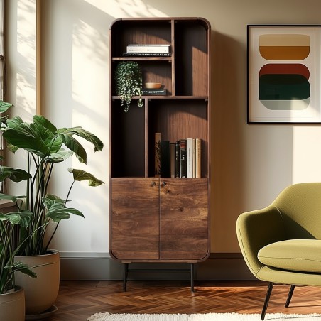 Design boekenkast donker hout en zwart metaal 2 deuren