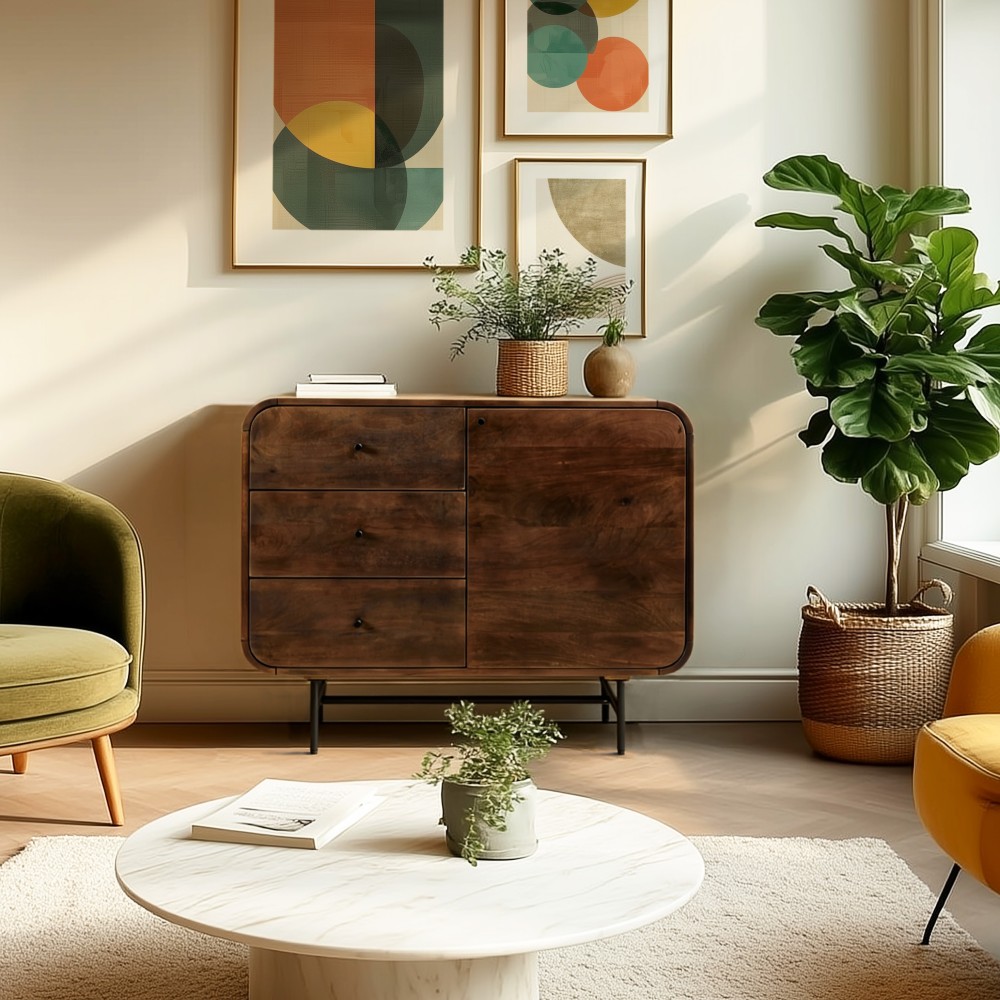 ALIX - Designer sideboard in dark wood and black metal, 1 door and 3 drawers