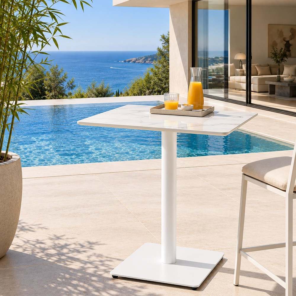 Table bistrot 70x70cm en céramique marbré blanc | Macabane