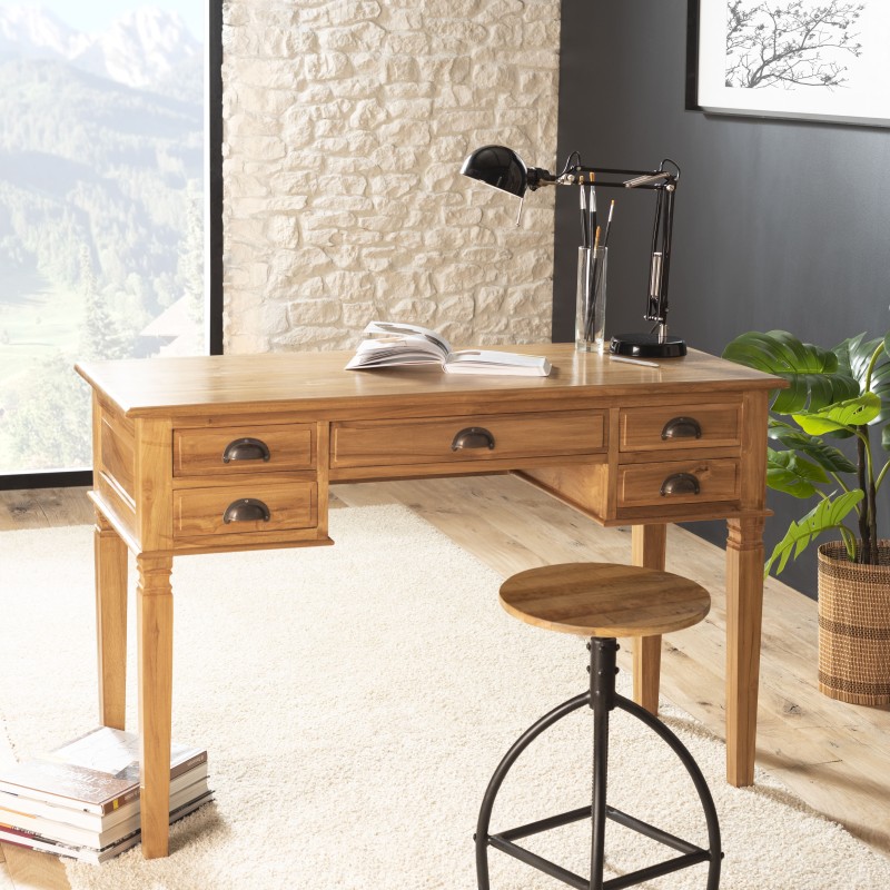 Bureau 5 tiroirs bois teck massif | SECONDE VIE