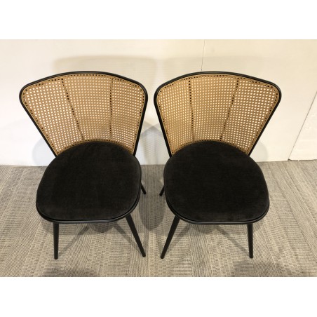 LEA Set of 2 Chairs - Black Fabric Seat & Cane-Effect Backrest