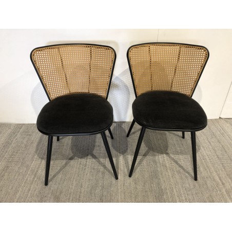 LEA Set of 2 Chairs - Black Fabric Seat & Cane-Effect Backrest