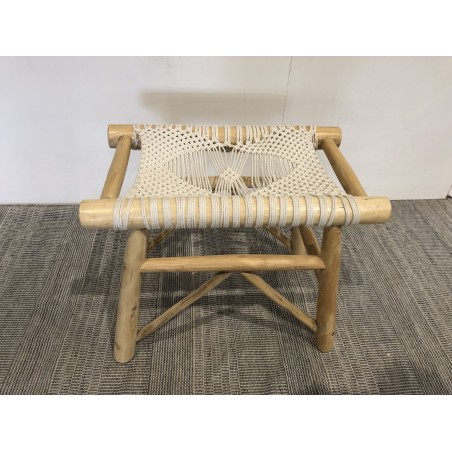 Seconde Main - Tabouret en teck naturel et macramé blanc