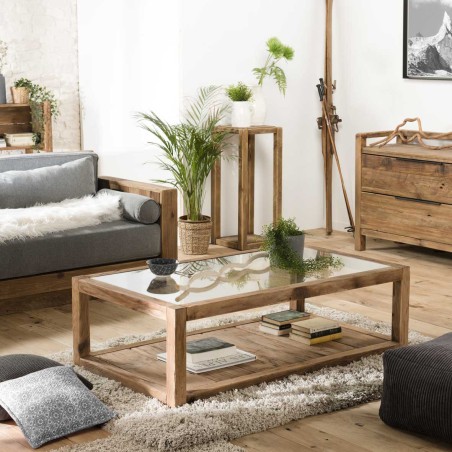 SANDY Brown Coffee Table - Glass Top & Recycled Pine | Dimensions